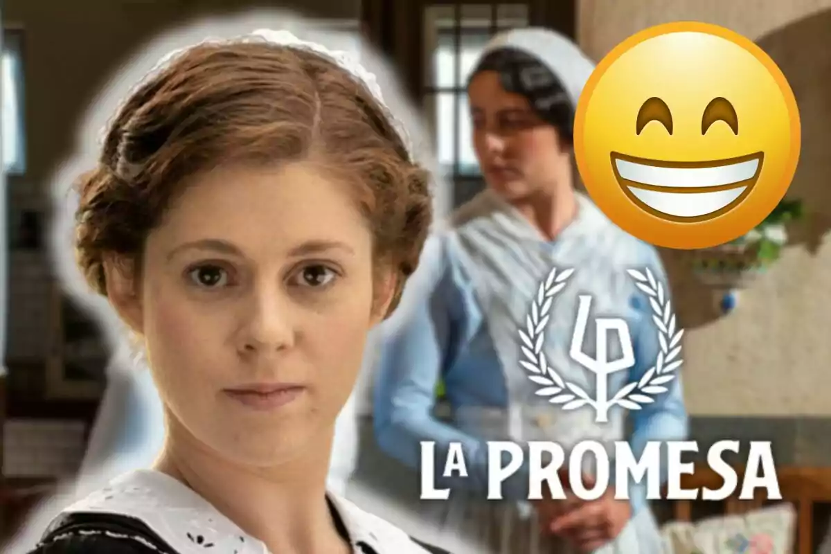 Sara Molina y un personaje vestidas de época, una en primer plano y otra al fondo, con un emoji sonriente grande y el texto La Promesa