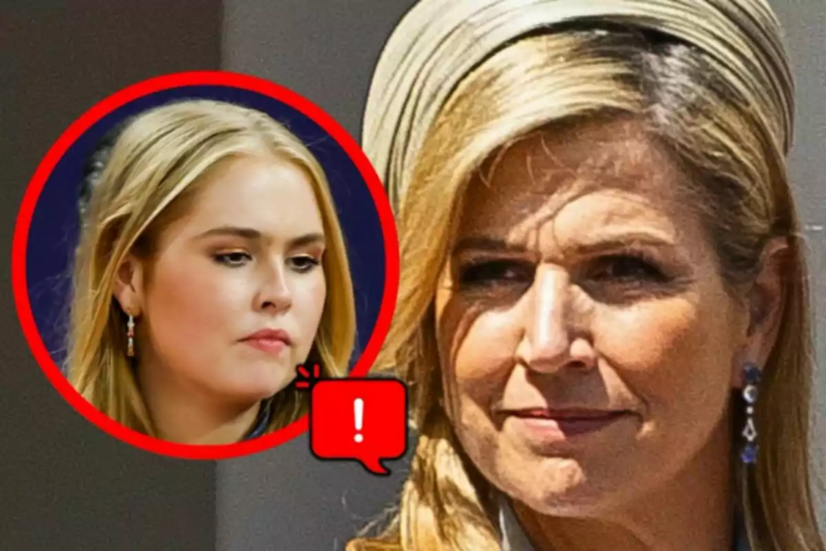 Dos mujeres rubias aparecen en la imagen, una en primer plano con expresión seria, que es Máxima de Holanda, y otra en un círculo rojo con un ícono de exclamación, que es Amalia de Holanda; ambas lucen pendientes elegantes.