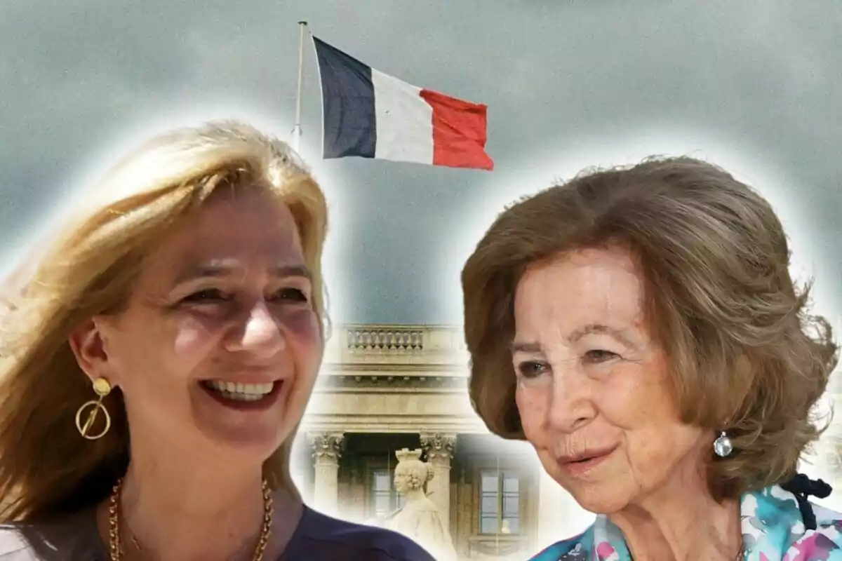 Dos mujeres sonrientes, que son la reina sofía y la infanta Cristina en primer plano con una bandera de Francia ondeando al fondo.