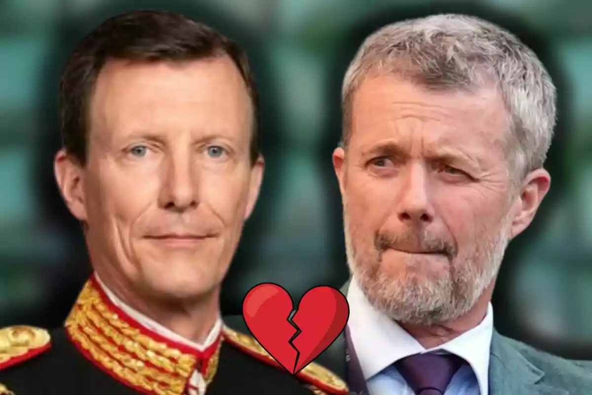 Joaquín and Federico of Denmark with serious expressions and a broken heart in the center
