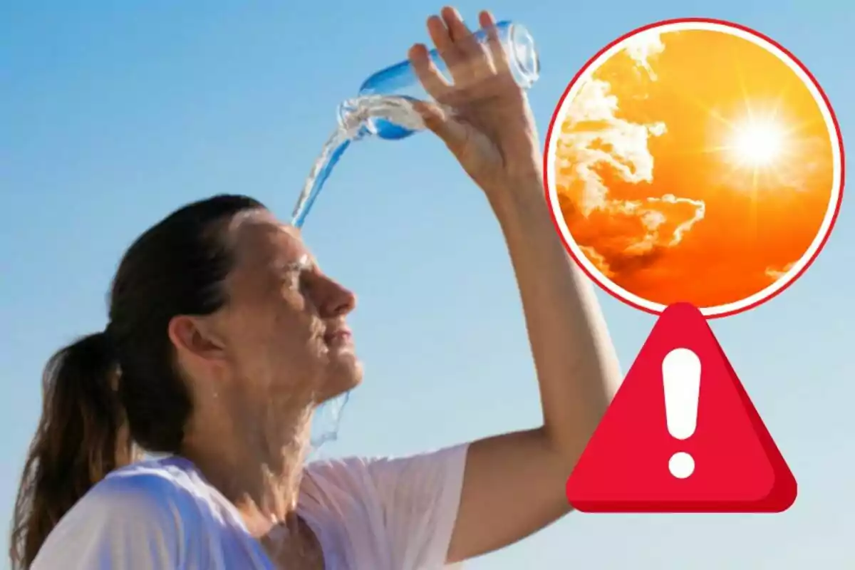 Mujer refrescándose con agua bajo el sol intenso con un símbolo de advertencia y una imagen de calor extremo Mujer refrescándose con agua bajo el sol intenso con un símbolo de advertencia y una imagen de calor extremo