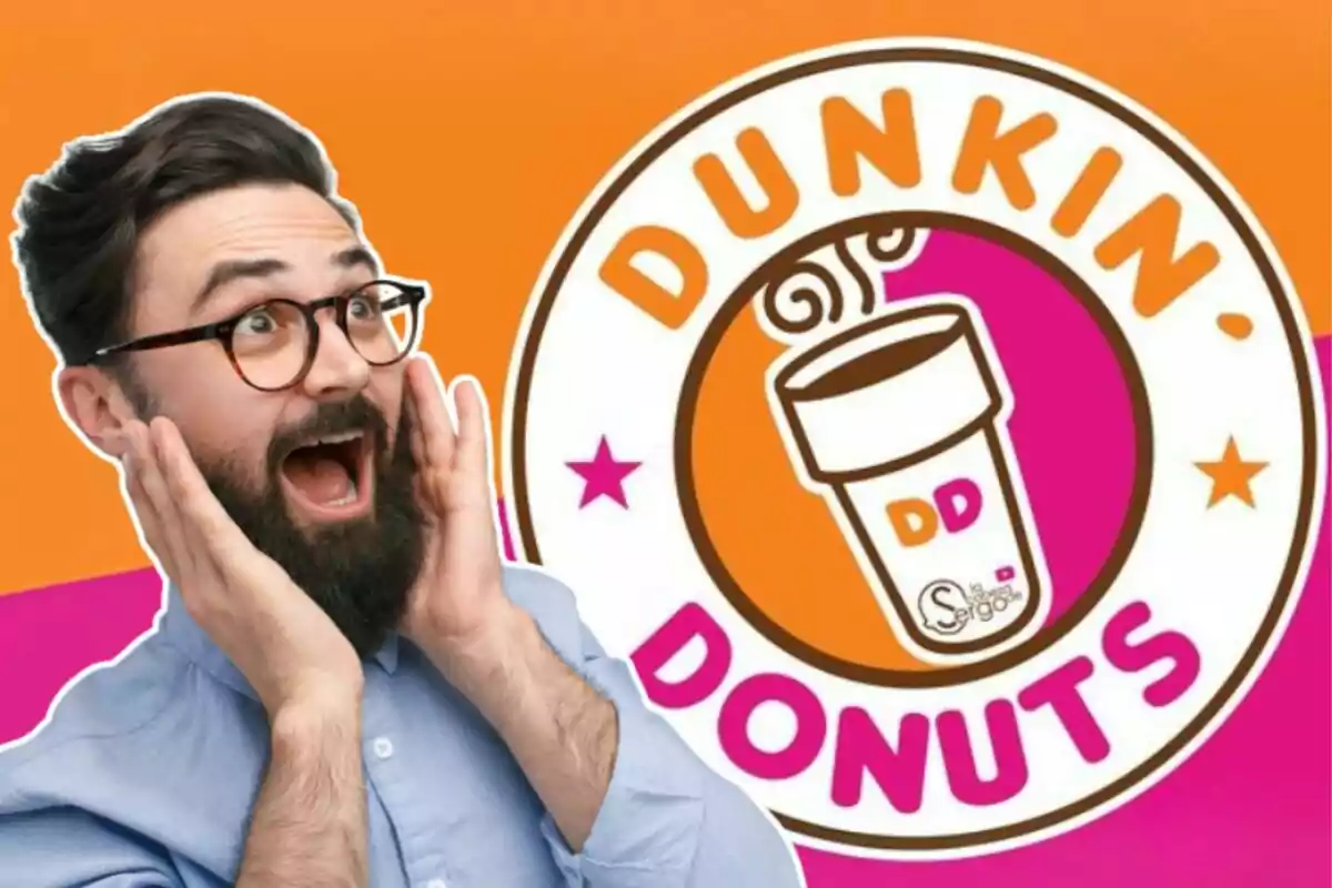 Hombre con barba y gafas mostrando una expresión de sorpresa frente a un logotipo de Dunkin Donuts sobre un fondo naranja y rosa