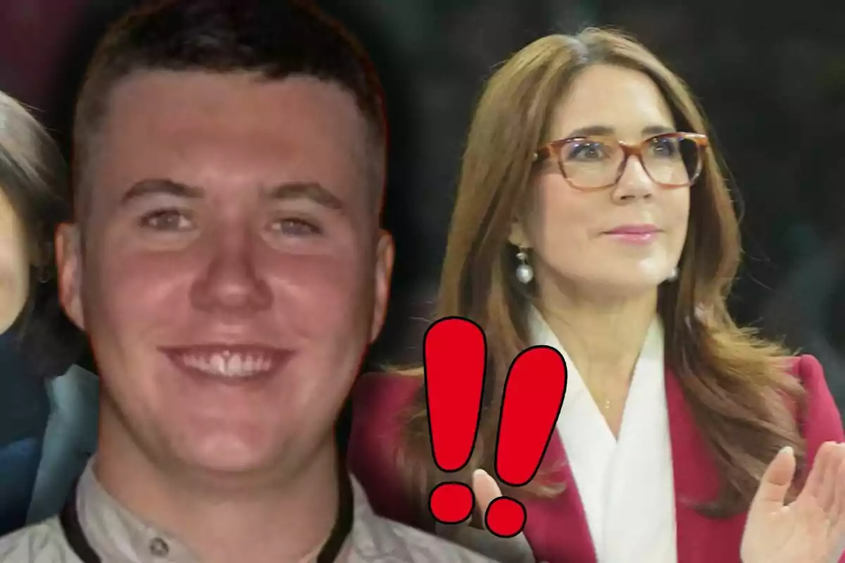 Smiling Christian of Denmark in the foreground next to Mary with glasses and a pair of red exclamation marks between them