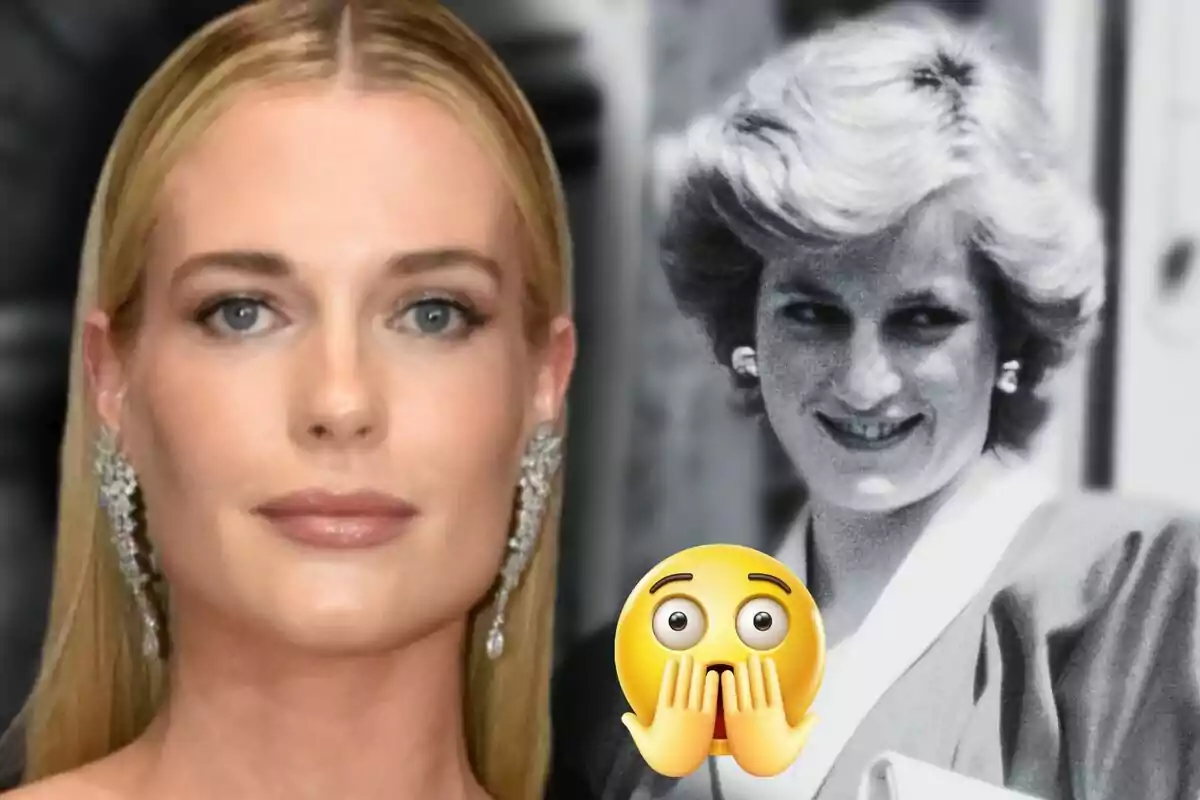 Eliza Spencer y Lady Di, una en color y otra en blanco y negro, con un emoji de sorpresa en el centro.