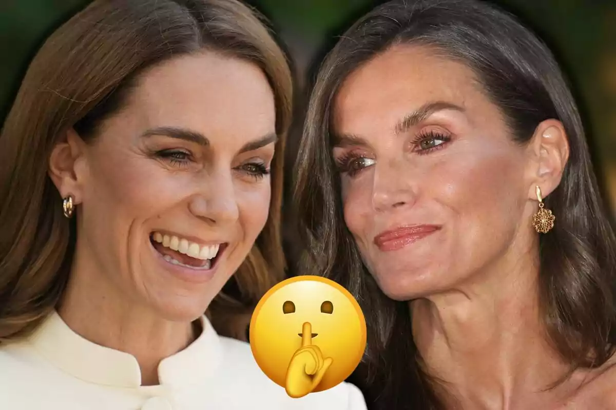 Kate Middleton y la reina Letizia sonrientes con un emoji de silencio en el centro