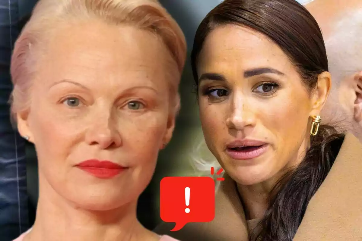 Pamela Anderson y Meghan Markle en primer plano con una burbuja roja de advertencia con un signo de exclamación entre ellas