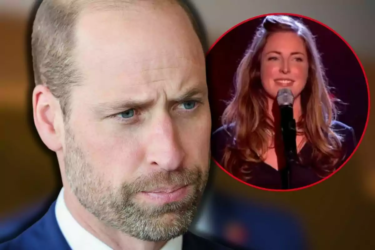 El príncipe Guillermo de expresión seria en primer plano con Rose Farquhar cantando en un micrófono dentro de un círculo en la esquina superior derecha