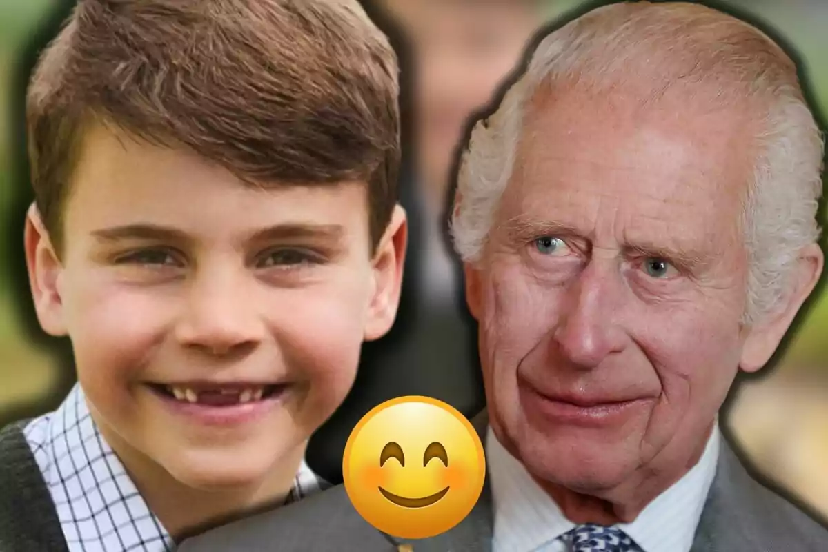 El príncipe Louis y Carlos III aparecen juntos con un emoji sonriente en el centro de la imagen.