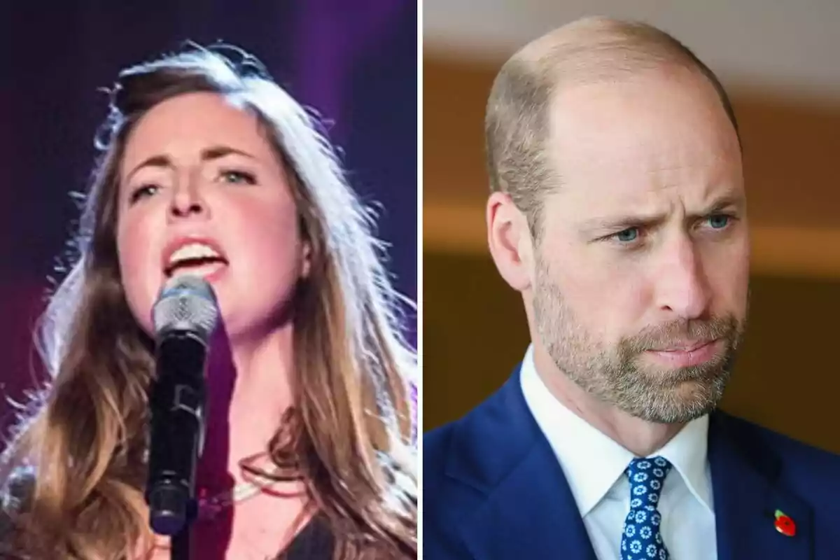 Rose Farquhar singing with a microphone and Prince William in a suit and tie looking serious Rose Farquhar singing with a microphone and Prince William in a suit and tie looking serious