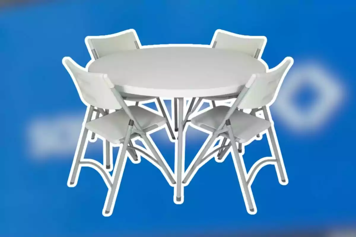 Mesa redonda blanca con cuatro sillas plegables sobre fondo azul Mesa redonda blanca con cuatro sillas plegables sobre fondo azul
