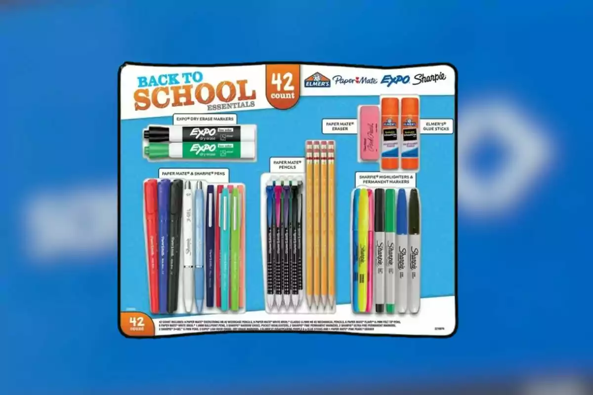 Kit de útiles escolares con marcadores, lápices, bolígrafos, pegamento en barra, borrador y resaltadores sobre un fondo azul Kit de útiles escolares con marcadores, lápices, bolígrafos, pegamento en barra, borrador y resaltadores sobre un fondo azul