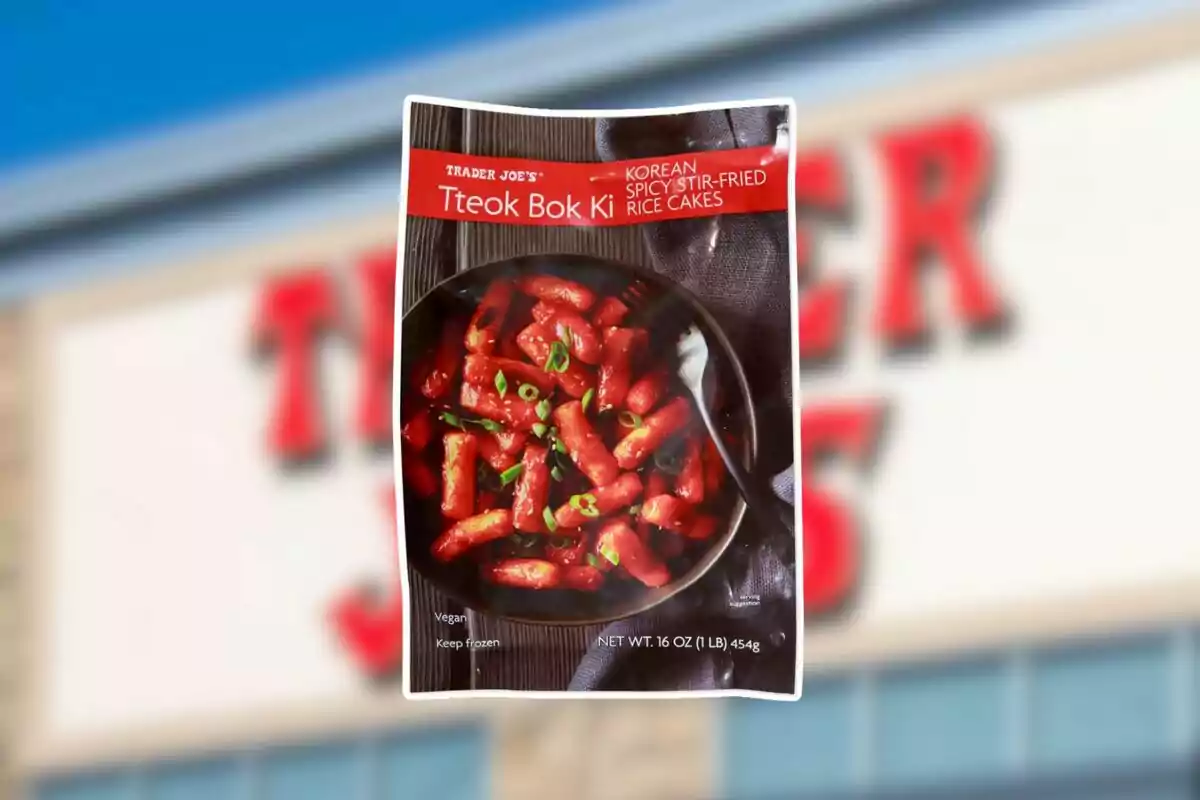 Trader Joe’s Korean Tteok Bok Ki package with stir-fried rice cakes in spicy sauce against a blurred store background Trader Joe’s Korean Tteok Bok Ki package with stir-fried rice cakes in spicy sauce against a blurred store background