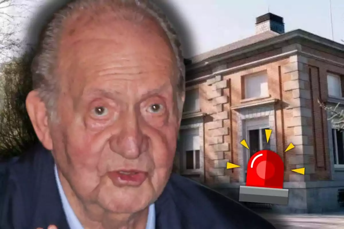 Juan Carlos I in the foreground with a serious expression, in the background a brick house and a drawn red alarm siren.