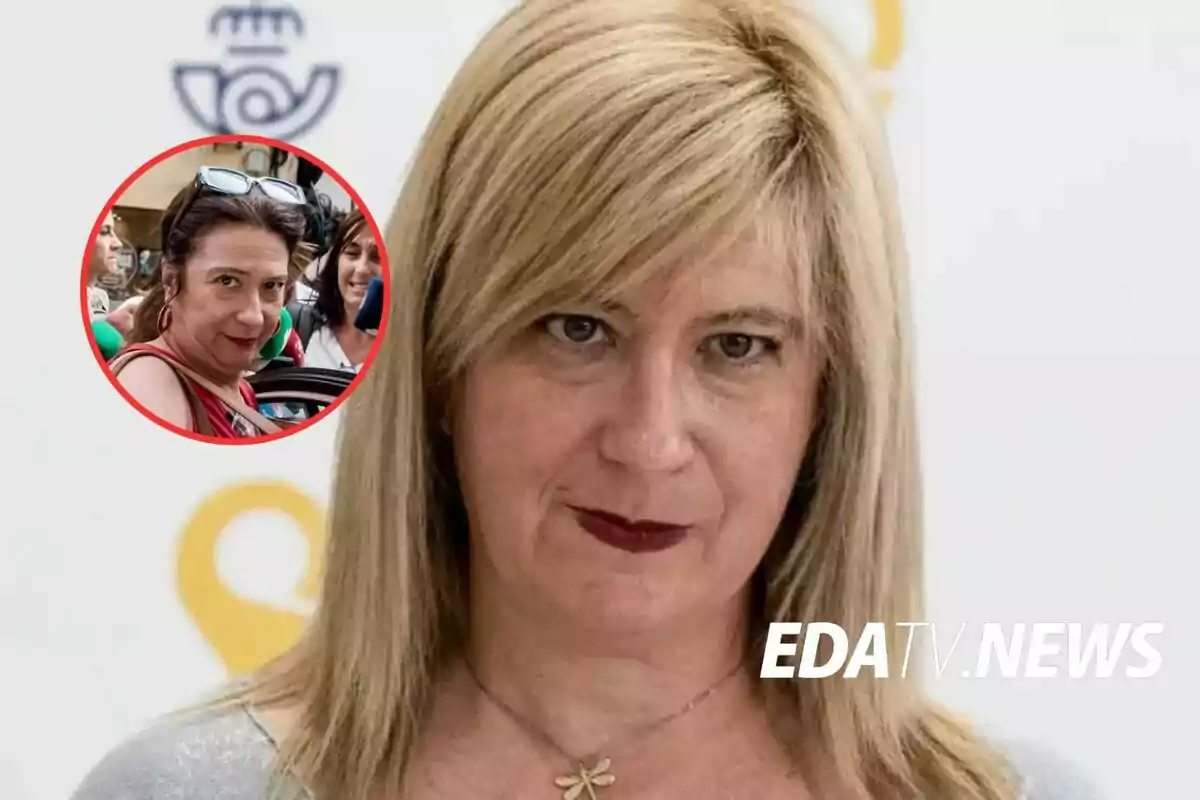 Mujer rubia de cabello lacio y expresión seria en primer plano con un recuadro circular que muestra a otra mujer de cabello castaño y gafas en la cabeza rodeada de personas y micrófonos, sobre un fondo claro con el logo de EDA TV News.