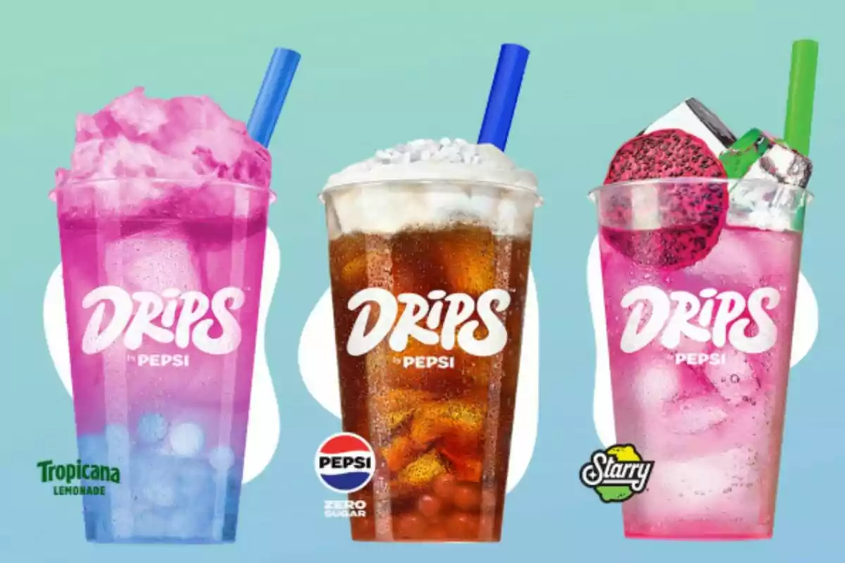 Three large glasses of colorful drinks from the Drips by Pepsi brand with colorful straws and Tropicana, Pepsi, and Starry logos on a gradient blue background Three large glasses of colorful drinks from the Drips by Pepsi brand with colorful straws and Tropicana, Pepsi, and Starry logos on a gradient blue background