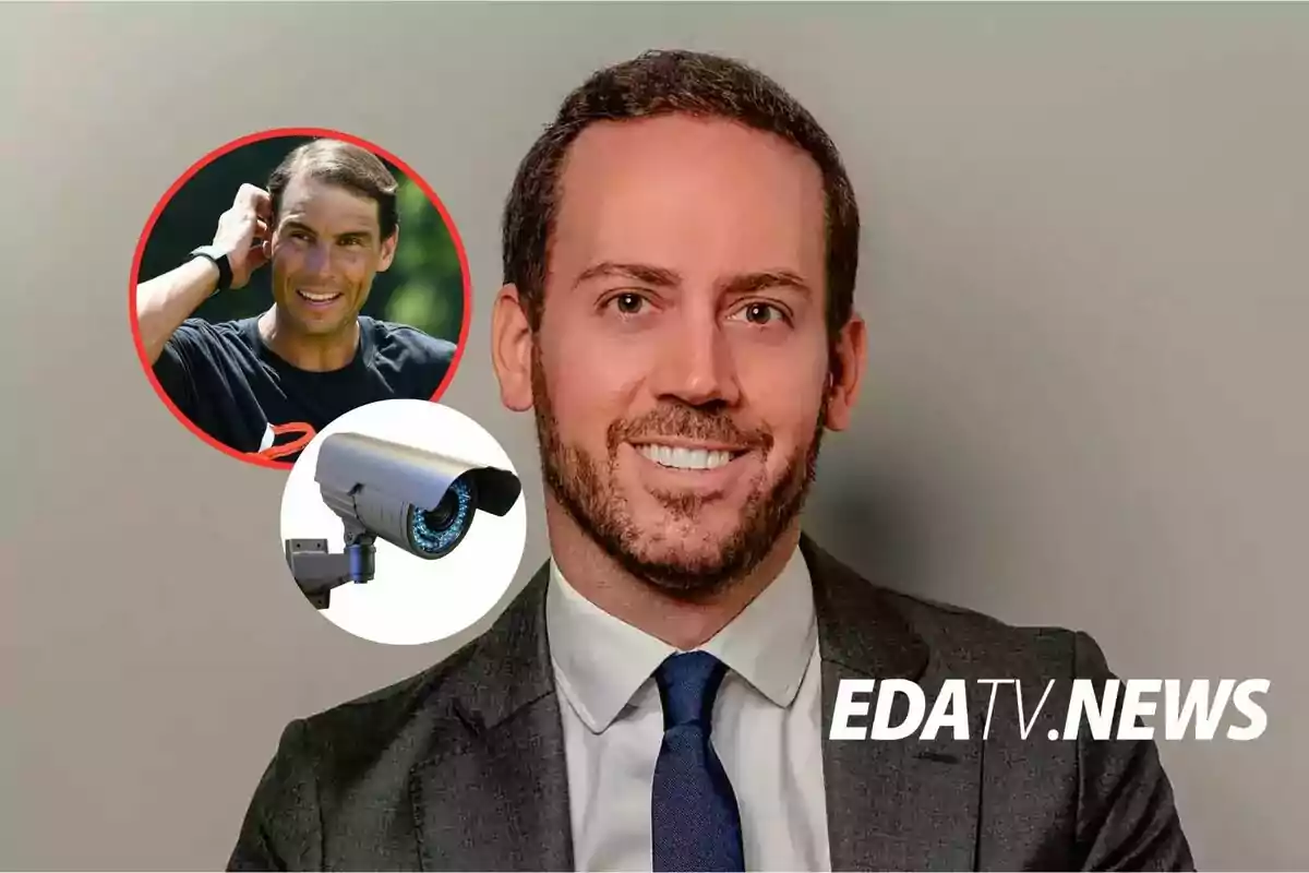 Hombre con traje sonriendo al frente, en la esquina superior izquierda aparece un círculo con la imagen de un hombre deportista y debajo una cámara de seguridad, en la parte inferior derecha está el texto EDATV.NEWS