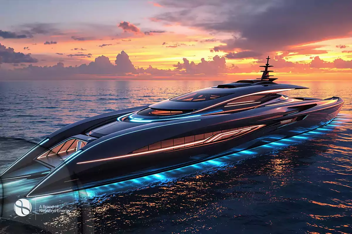 Yate futurista con luces azules navegando en el mar durante un atardecer colorido