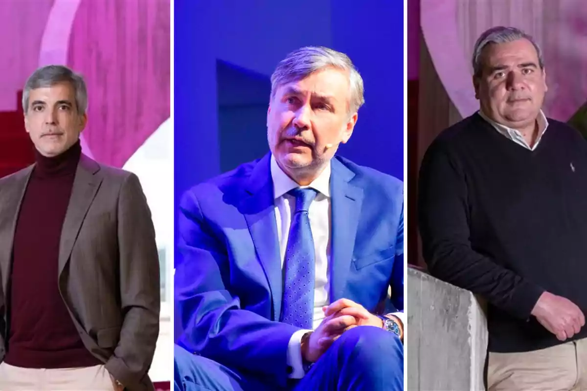 Tres hombres de mediana edad posan en diferentes escenarios, uno con saco marrón y suéter burdeos, otro con traje azul y corbata, y el tercero con suéter negro y camisa clara