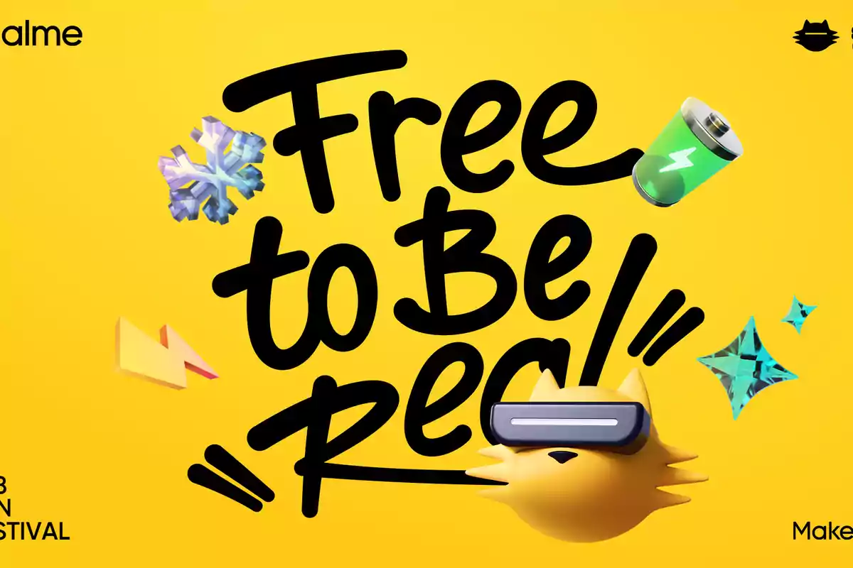 Fondo amarillo con la frase Free to Be Real en letras negras y varios elementos gráficos como un copo de nieve, una batería, un rayo, una figura de gato con gafas de realidad virtual y diamantes azules