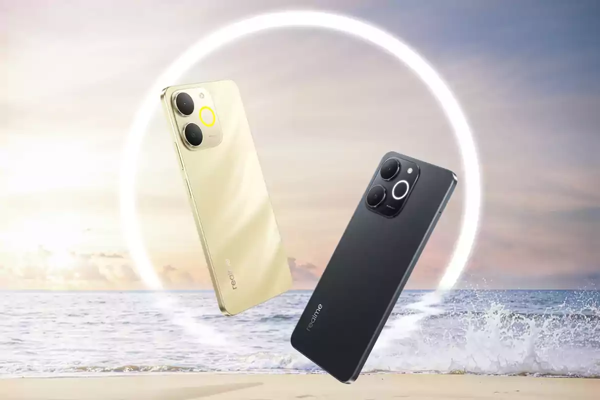 Dos teléfonos inteligentes de color dorado y negro flotan frente a una playa con el mar de fondo y un círculo luminoso detrás de ellos