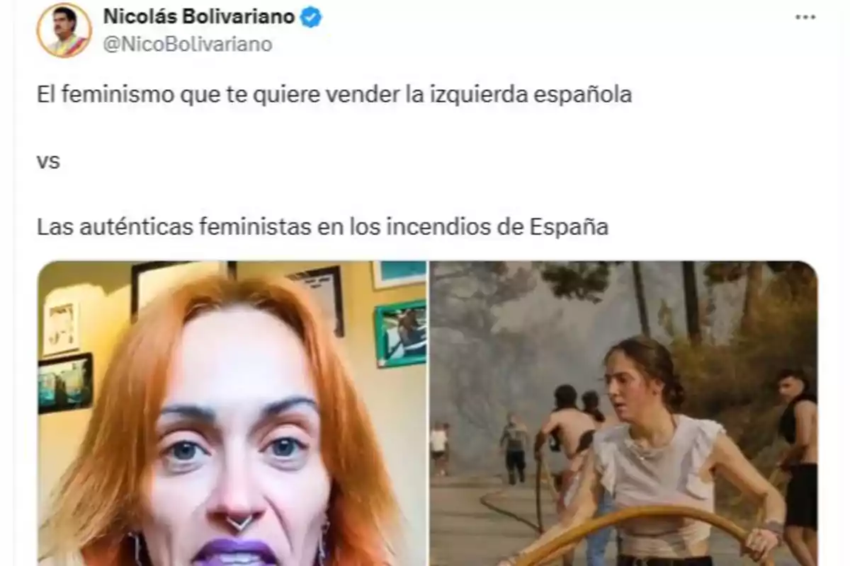 Comparación entre una mujer con maquillaje llamativo y cabello teñido en un entorno interior y una mujer joven ayudando a combatir un incendio forestal junto a otras personas Comparación entre una mujer con maquillaje llamativo y cabello teñido en un entorno interior y una mujer joven ayudando a combatir un incendio forestal junto a otras personas