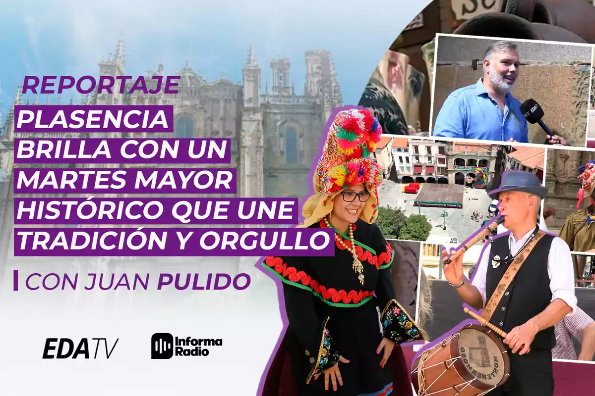 Imagen promocional de un reportaje sobre el Martes Mayor en Plasencia, con personas en trajes típicos, un músico tocando un tamboril y la plaza mayor de fondo