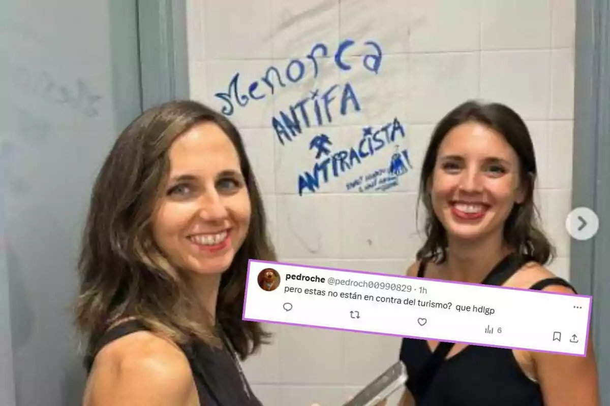 Dos mujeres sonríen frente a una pared con un grafiti que dice Menorca antifa antirracista y sobre la imagen aparece un tuit que cuestiona su postura sobre el turismo
