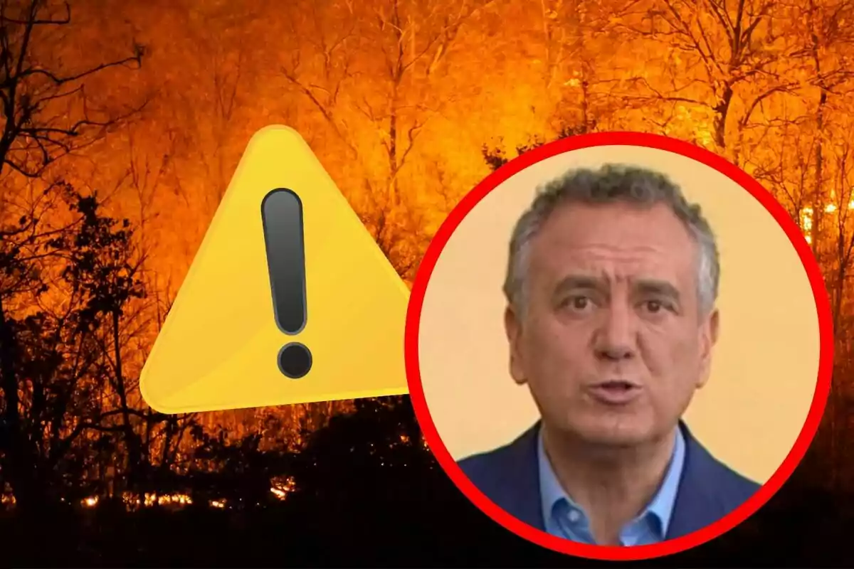 Fondo de incendio forestal con un símbolo de advertencia amarillo y el rostro de un hombre enmarcado en un círculo rojo