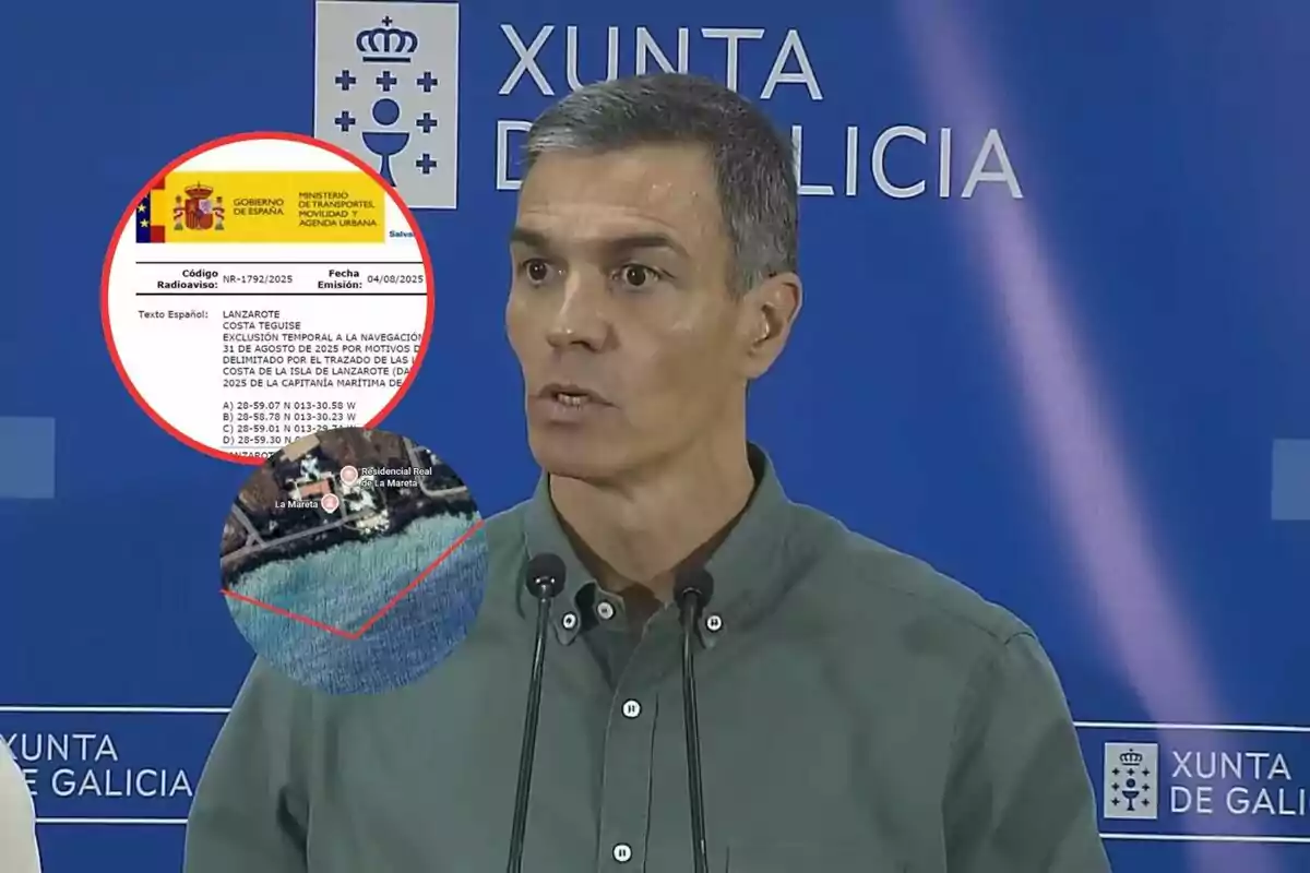 Un hombre de cabello corto y canoso habla frente a micrófonos con un fondo azul de la Xunta de Galicia, mientras se muestran dos recuadros circulares con un documento oficial del Gobierno de España y un mapa aéreo de una zona costera.