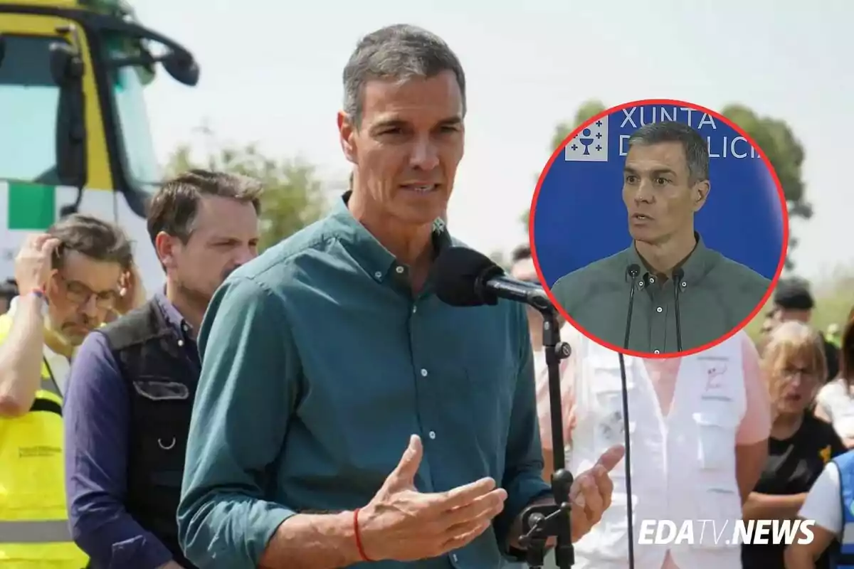 Un hombre de cabello corto y camisa verde habla frente a un micrófono al aire libre mientras varias personas lo rodean y en la esquina superior derecha aparece un recuadro con su rostro durante otra intervención