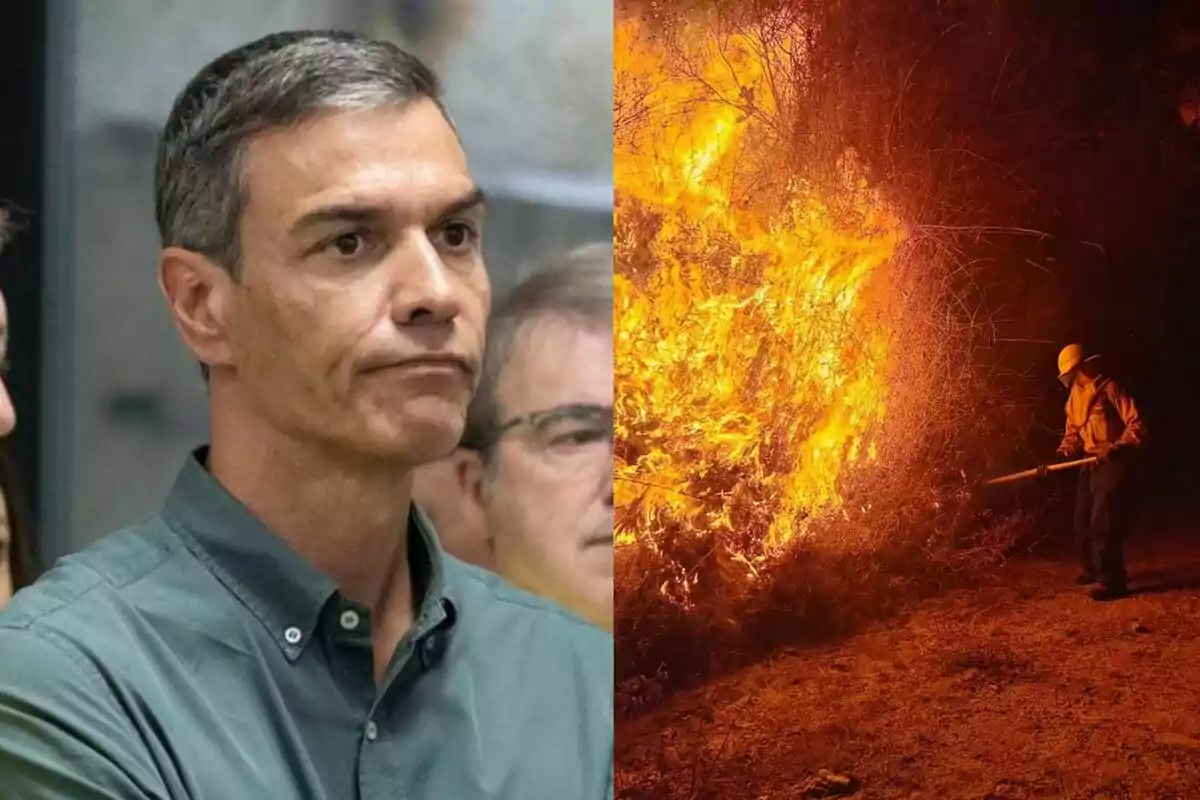Un hombre de expresión seria a la izquierda y un bombero combatiendo un incendio forestal a la derecha