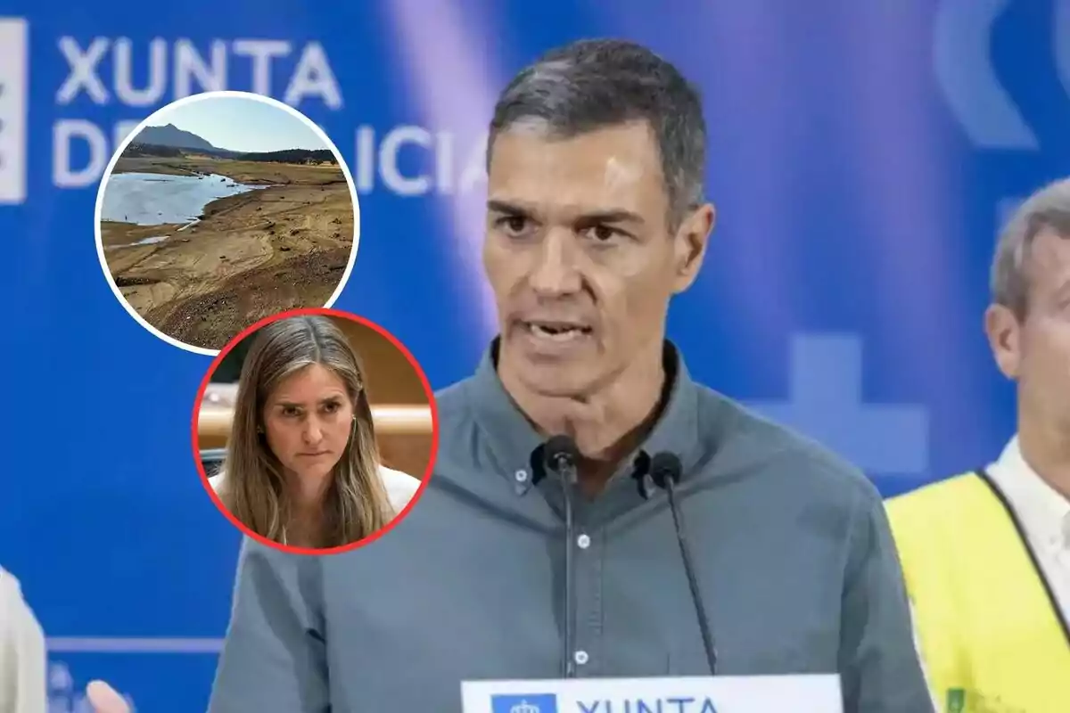 Hombre hablando en una rueda de prensa con fondo azul de la Xunta de Galicia y dos círculos superpuestos mostrando un paisaje seco y una mujer seria