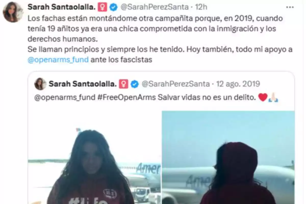 Captura de pantalla de un tuit donde una usuaria defiende su apoyo a la inmigración y los derechos humanos, mostrando una publicación antigua con una foto de ella en un aeropuerto y un mensaje a favor de Open Arms Captura de pantalla de un tuit donde una usuaria defiende su apoyo a la inmigración y los derechos humanos, mostrando una publicación antigua con una foto de ella en un aeropuerto y un mensaje a favor de Open Arms