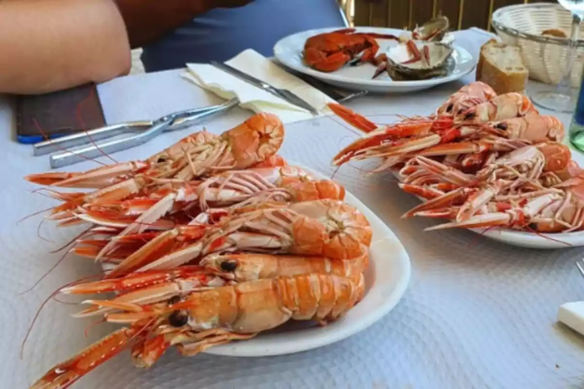 Platos de mariscos frescos servidos en una mesa con cubiertos y pan Platos de mariscos frescos servidos en una mesa con cubiertos y pan