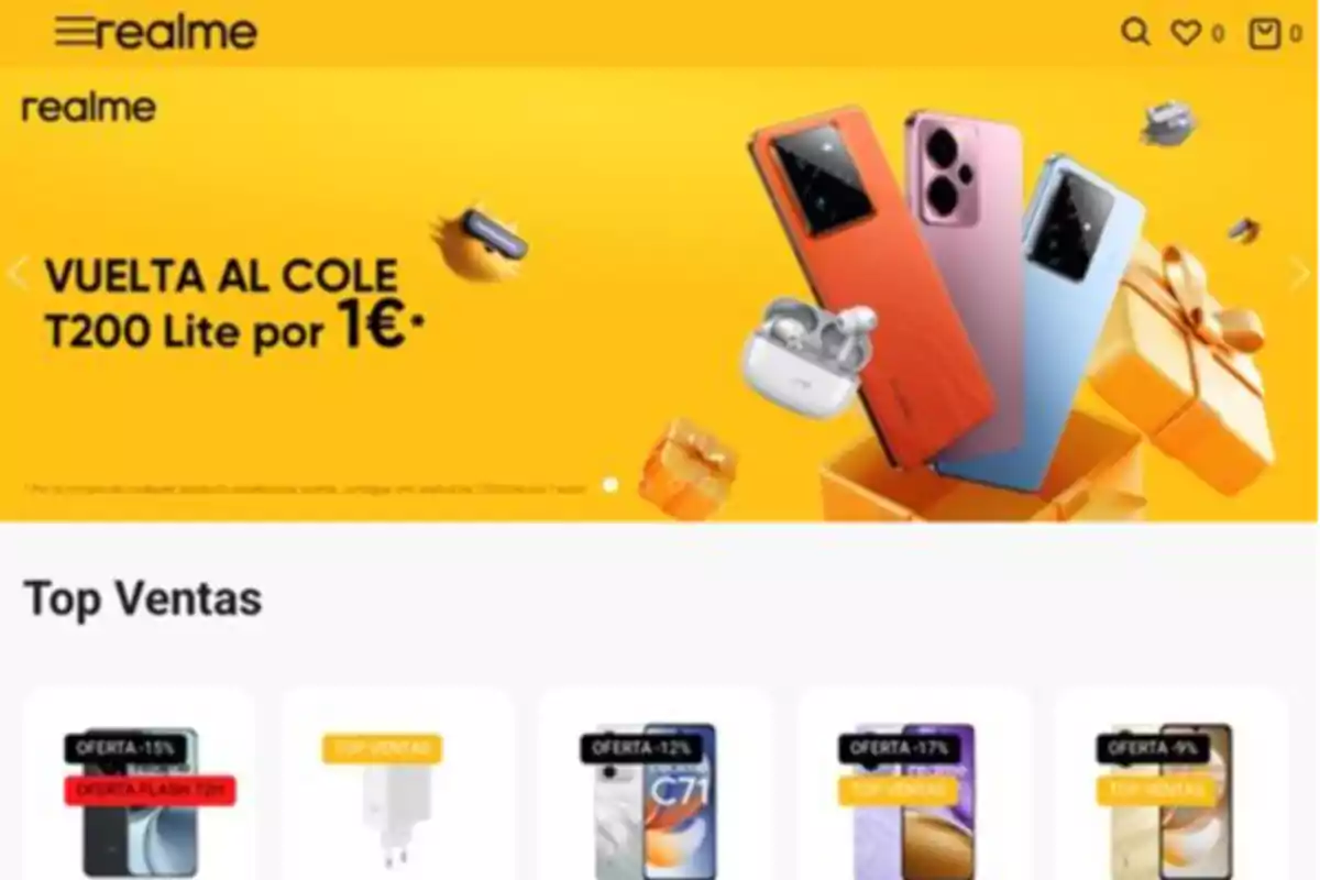 Página web de Realme con promoción de regreso a clases ofreciendo el T200 Lite por un euro y mostrando varios teléfonos y accesorios en oferta bajo el título Top Ventas