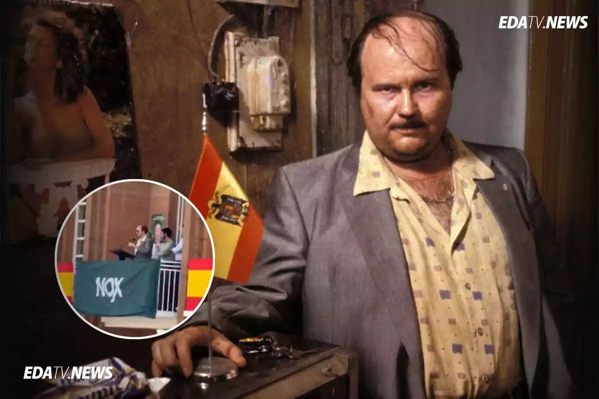 Hombre con camisa y chaqueta gris junto a una bandera de España y un collage que incluye una foto de una mujer y una escena de un mitin con una pancarta verde