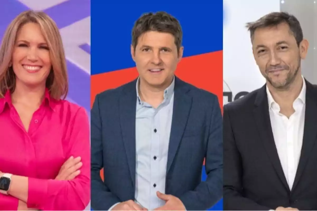 Tres personas posan sonrientes frente a diferentes fondos de colores, una mujer con camisa rosa a la izquierda, un hombre con saco azul al centro y otro hombre con saco oscuro a la derecha Tres personas posan sonrientes frente a diferentes fondos de colores, una mujer con camisa rosa a la izquierda, un hombre con saco azul al centro y otro hombre con saco oscuro a la derecha