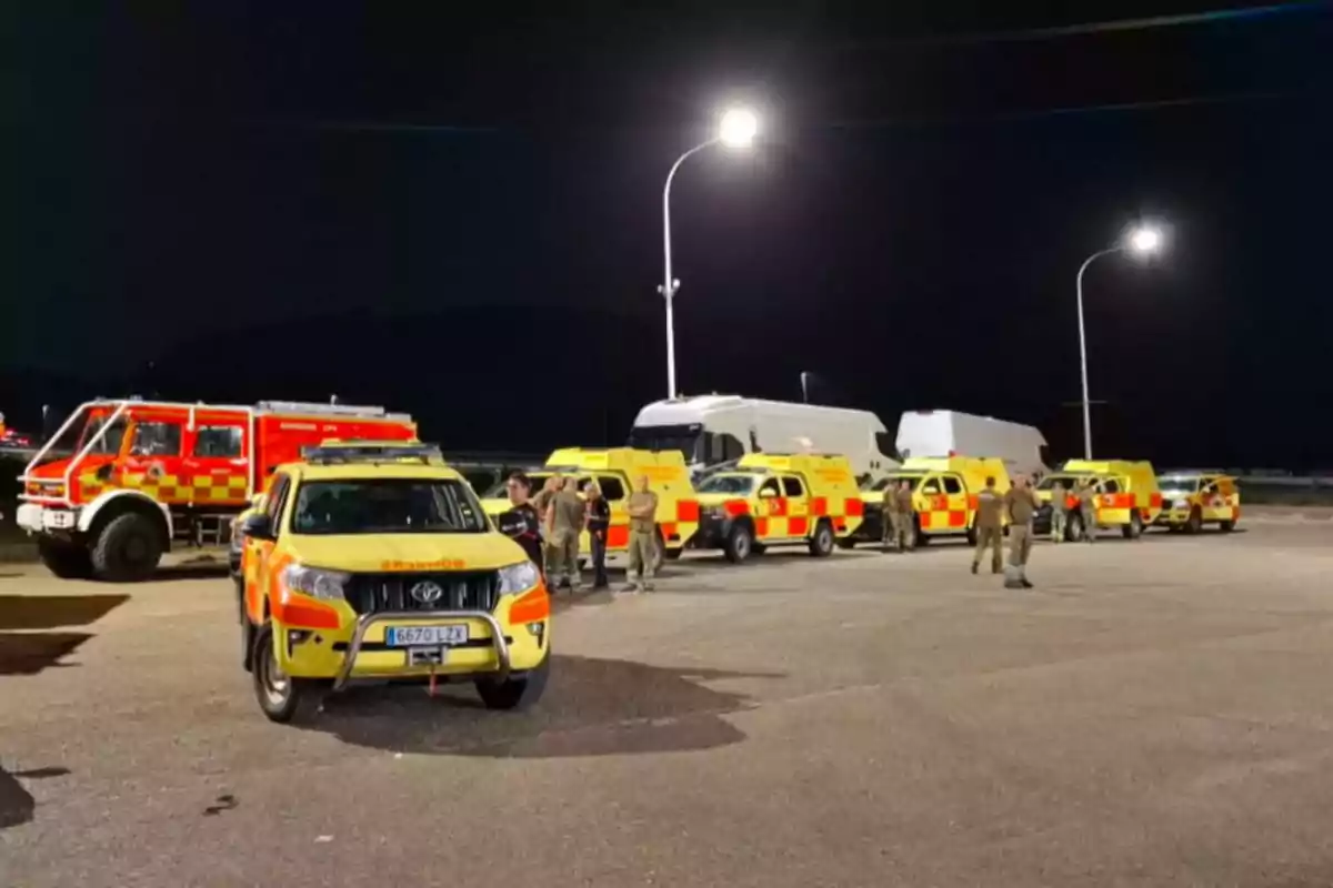 Varios vehículos de emergencia y personal uniformado se encuentran reunidos en un estacionamiento iluminado durante la noche.