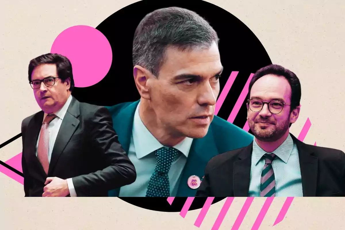 Tres hombres con traje y corbata sobre un fondo con formas geométricas en negro y rosa