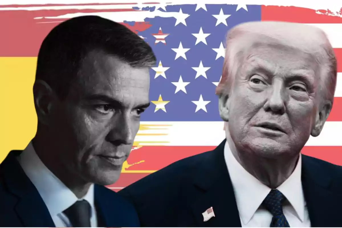 Dos hombres de traje en primer plano con las banderas de España y Estados Unidos fusionadas en el fondo