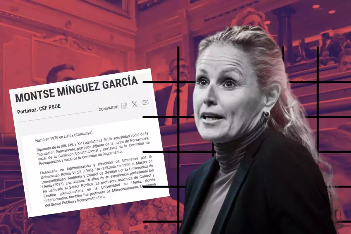 Una mujer de cabello rubio recogido aparece en primer plano con expresión seria, al fondo se observa un hemiciclo parlamentario con varias personas y un recuadro con información biográfica y profesional sobre Montse Mínguez García.