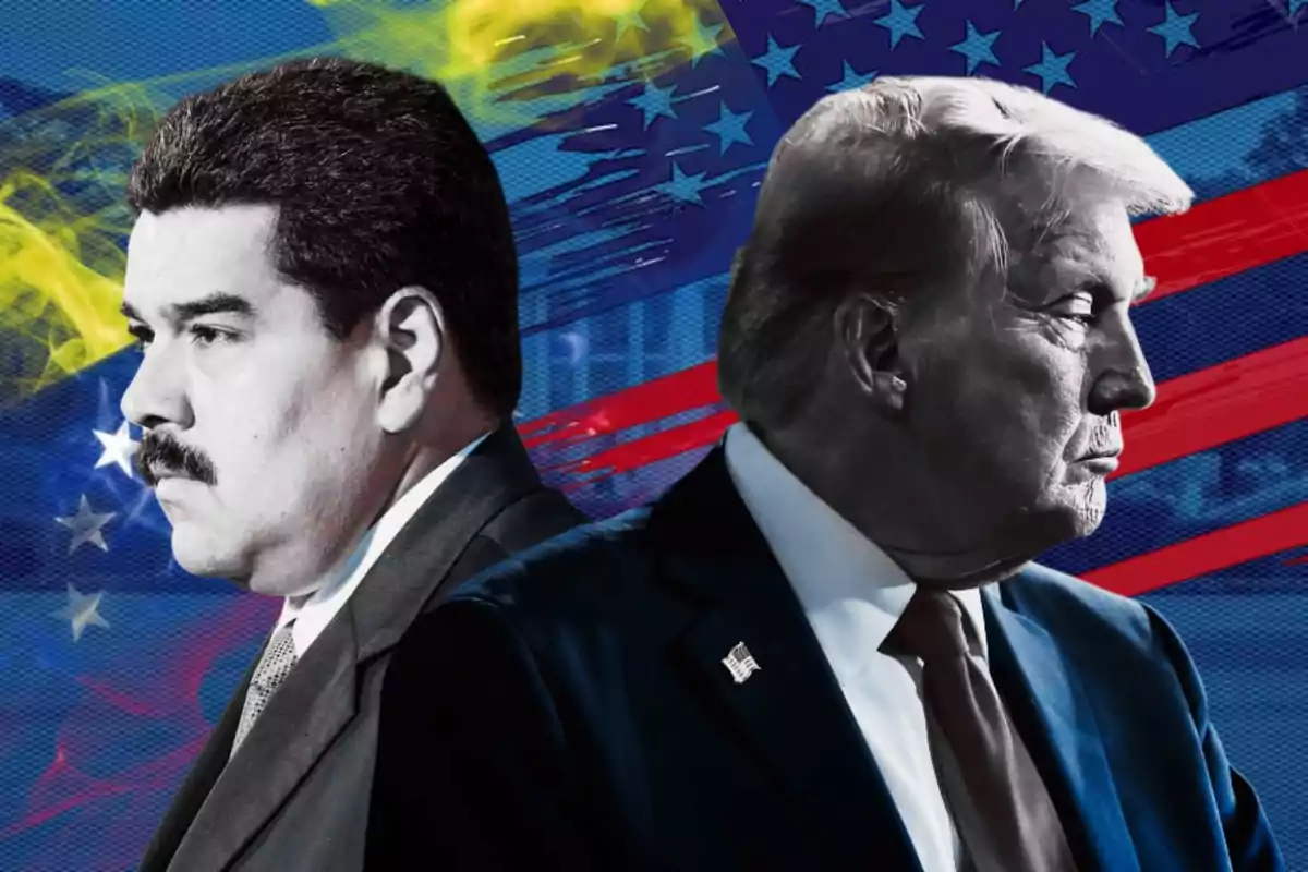 Dos hombres de perfil enfrentados con banderas de Venezuela y Estados Unidos de fondo