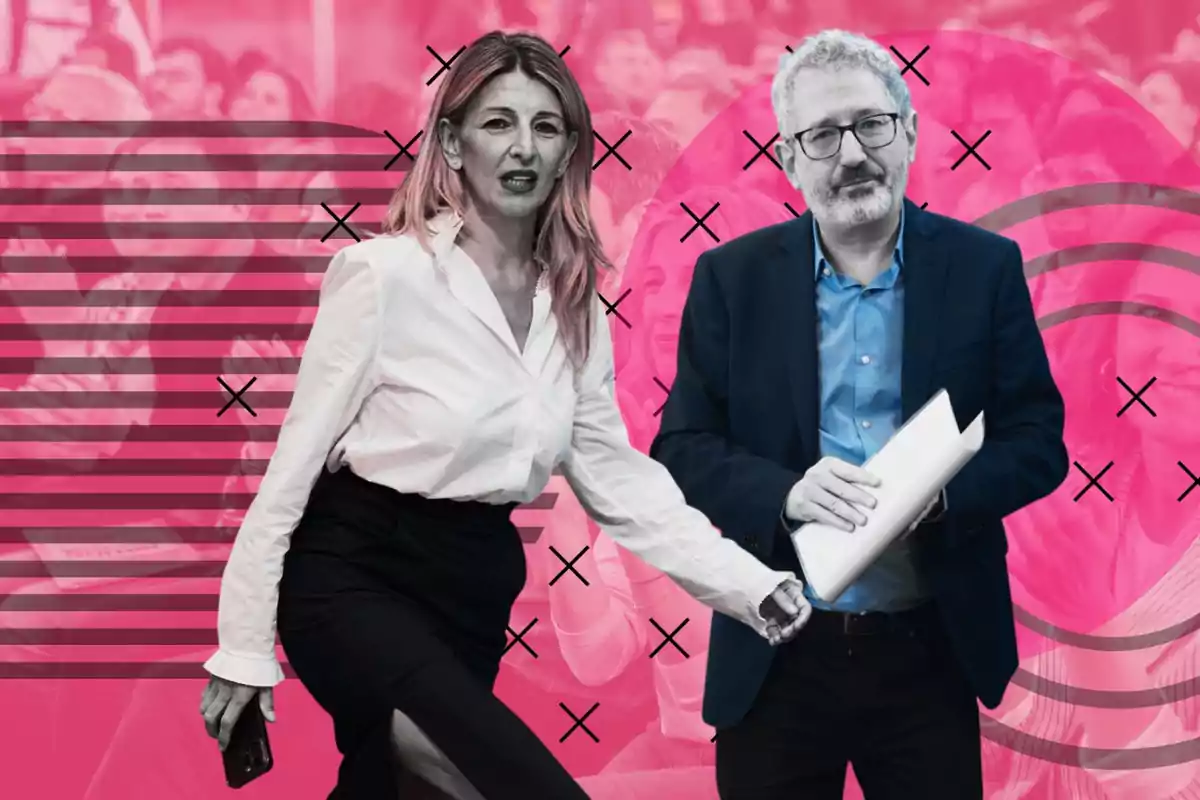 Dos personas de pie en primer plano con fondo rosa y detalles gráficos de líneas y cruces, una mujer con blusa blanca y falda negra sostiene un móvil y un hombre con gafas y barba lleva un traje oscuro y sostiene papeles