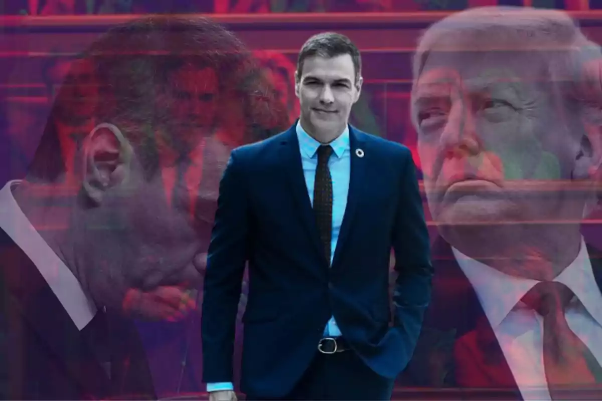 Hombre de traje azul al frente con expresión seria y dos figuras masculinas desenfocadas al fondo en tonos rojizos y azulados