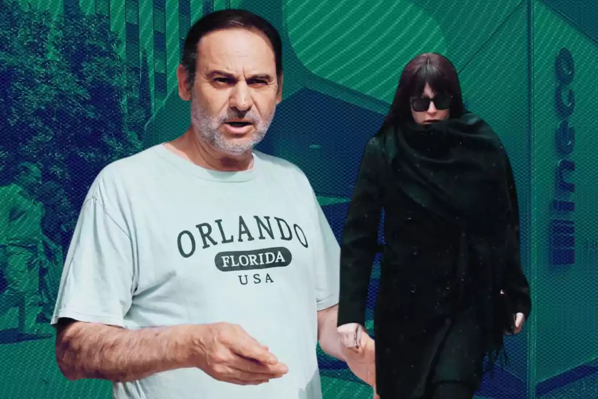 Un hombre con camiseta clara que dice Orlando Florida USA y una mujer vestida de negro con gafas oscuras aparecen frente a un fondo azul verdoso con edificios y el logo de mineco.