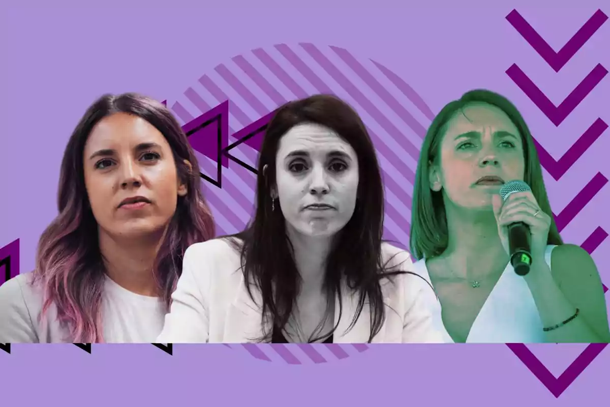 Tres mujeres en primer plano sobre un fondo morado con figuras geométricas