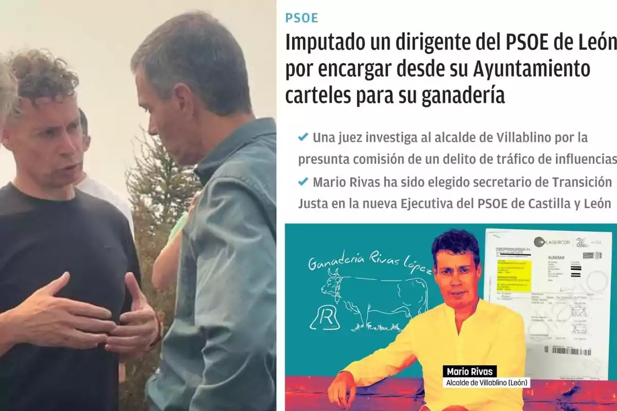 Dos hombres conversan al aire libre mientras a la derecha aparece una noticia sobre la imputación de un dirigente del PSOE de León, junto a una imagen de un hombre con fondo azul y un dibujo de una vaca.