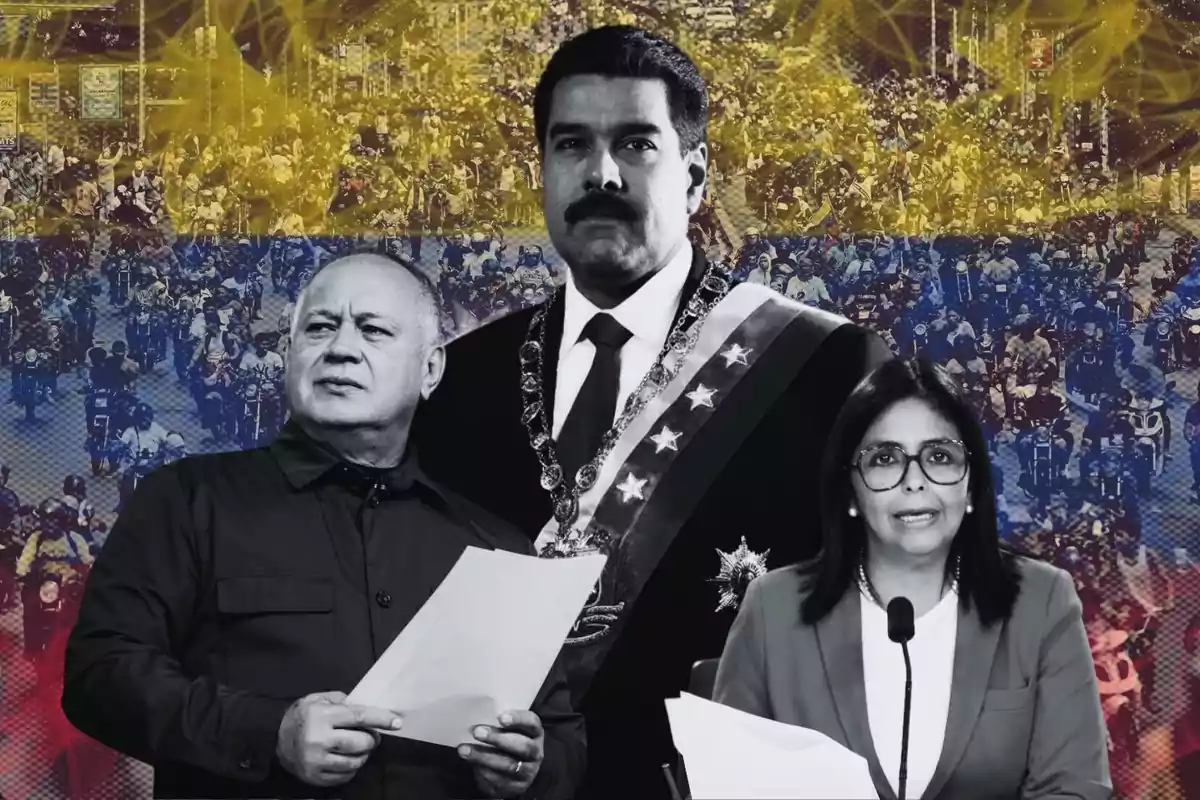 Tres figuras políticas venezolanas en primer plano con fondo de manifestación y los colores de la bandera de Venezuela.
