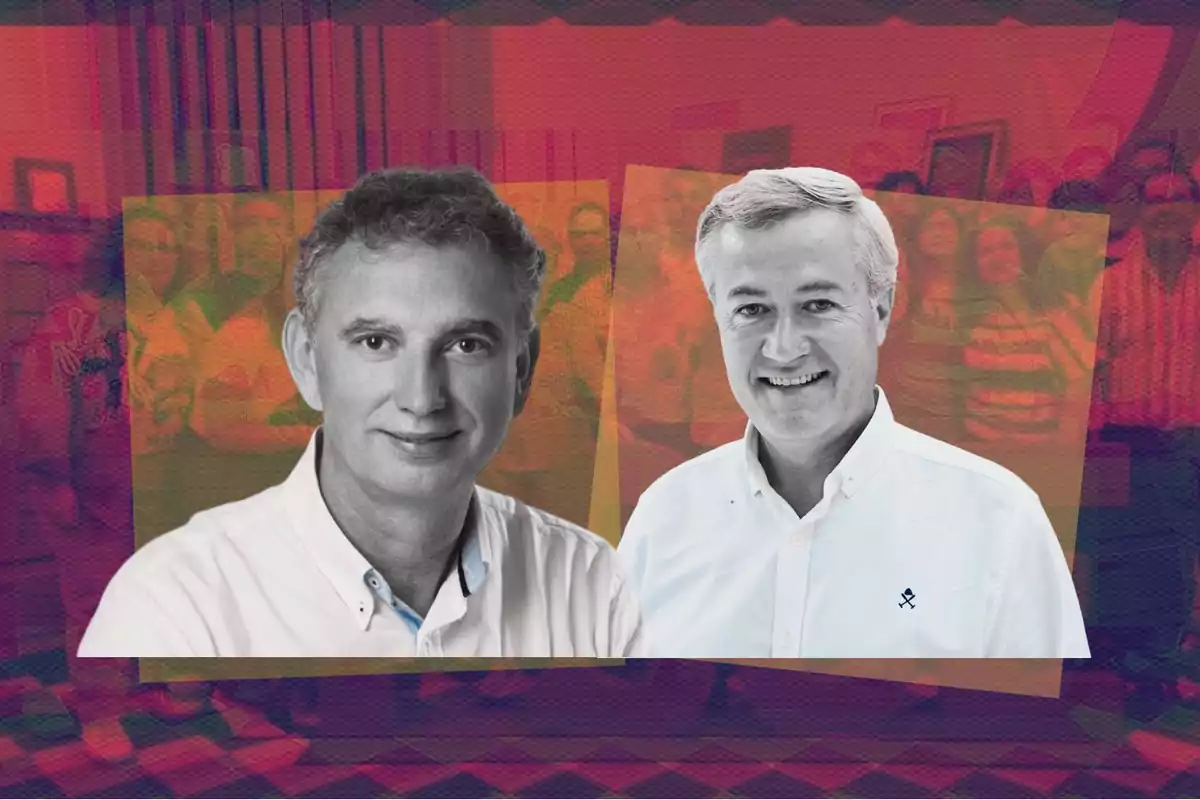 Dos hombres de mediana edad con camisas blancas aparecen en primer plano sobre un fondo colorido y difuminado con siluetas de personas al fondo