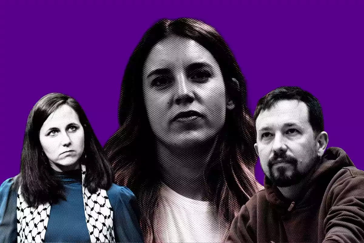 Tres personas con expresiones serias sobre un fondo morado